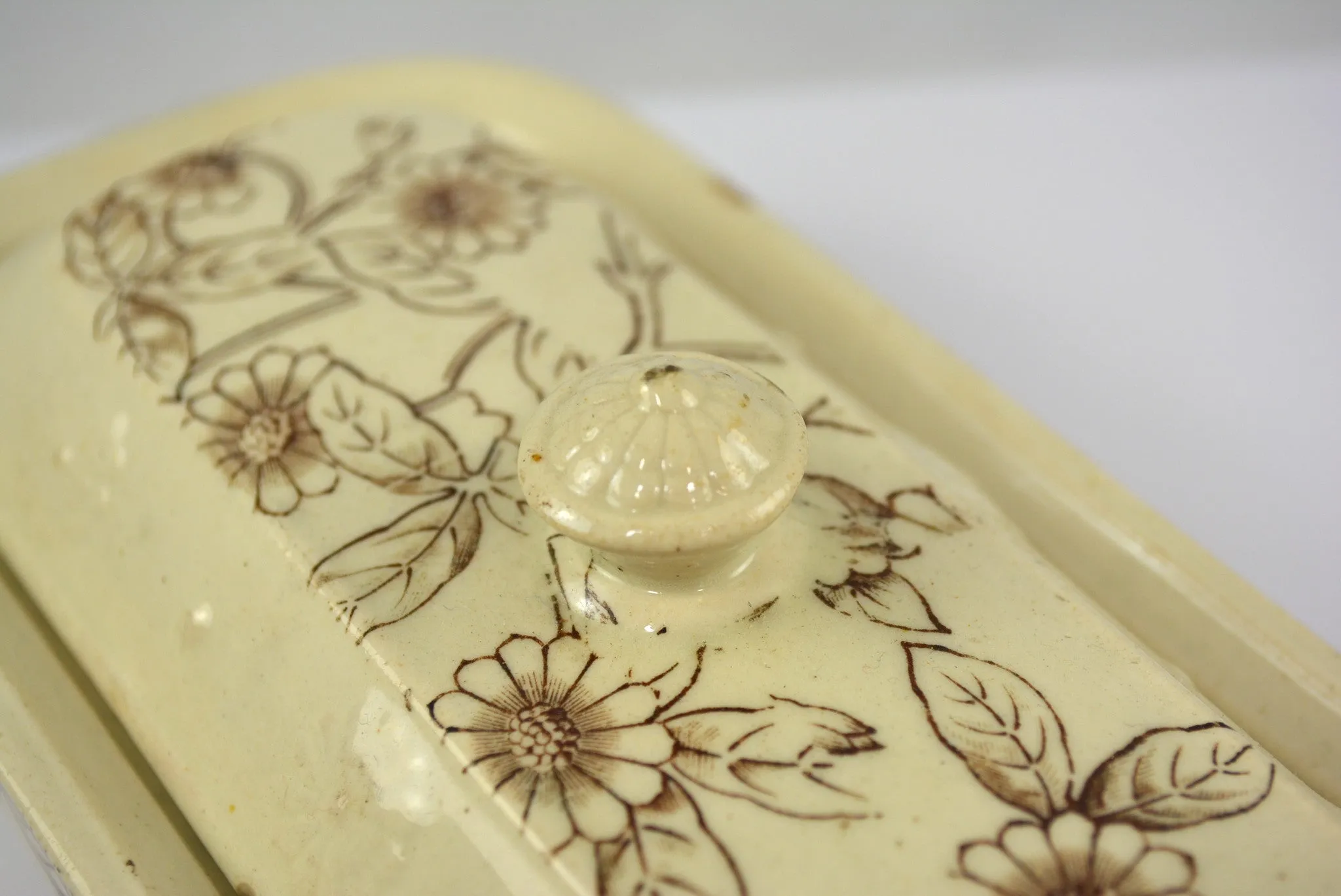 Antique English Victorian Aesthetic Movement Razor Toothbrush Box Brown Transferware Staffordshire China Floral Detail