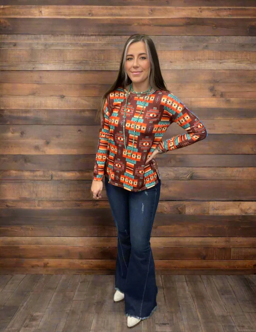 Aztec Brown & Leopard Back Long Sleeve Top