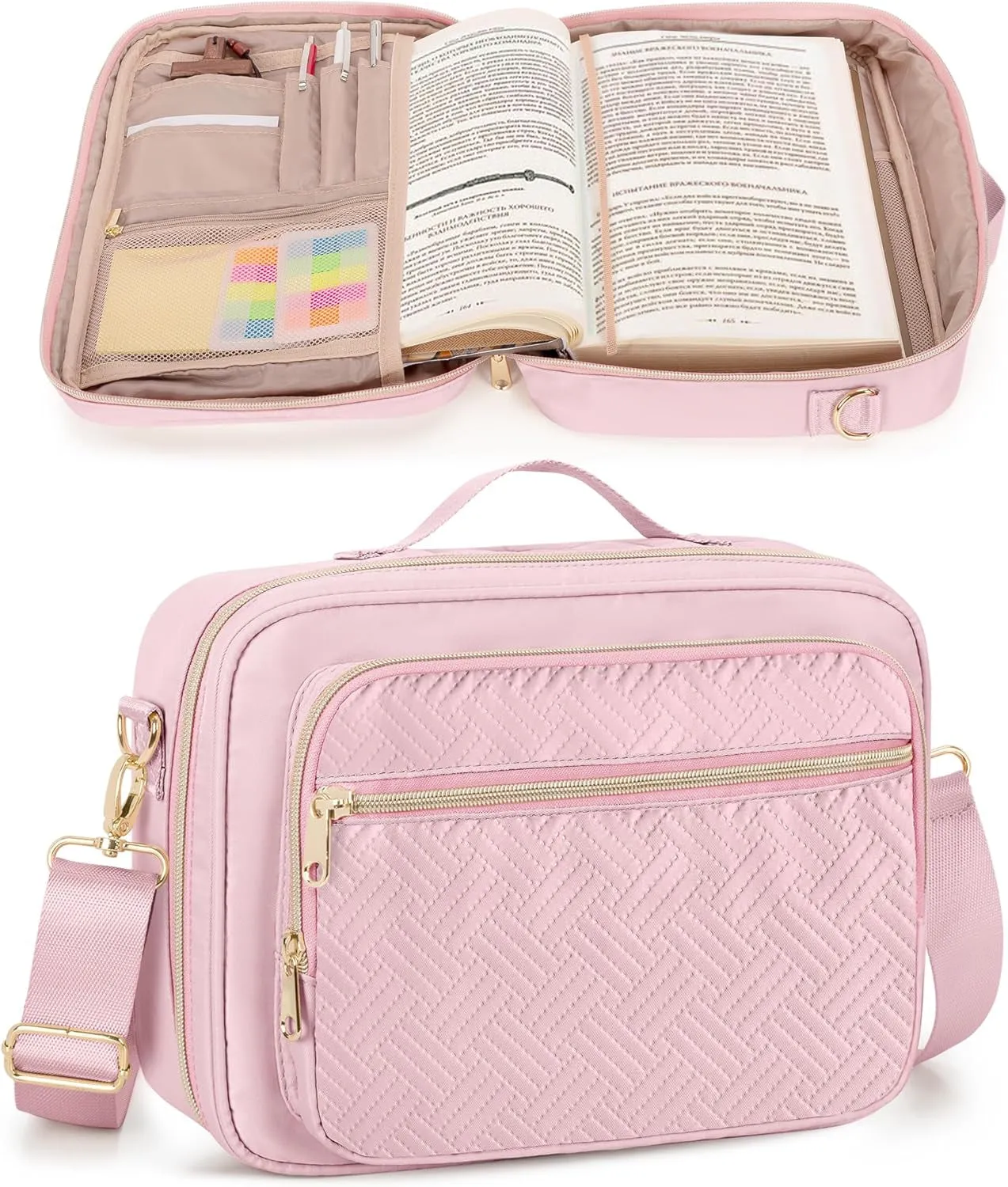 Bible Cover Case for Women, Large Bible Church Bag with Strap, Bible Carrying Case Book Protector with Handle, Pink (Empty Bag Only)