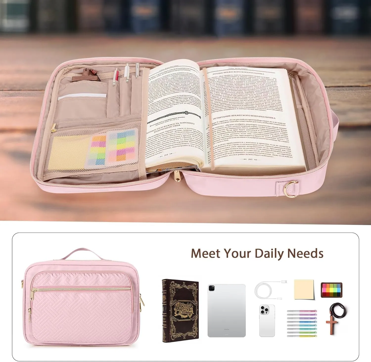 Bible Cover Case for Women, Large Bible Church Bag with Strap, Bible Carrying Case Book Protector with Handle, Pink (Empty Bag Only)