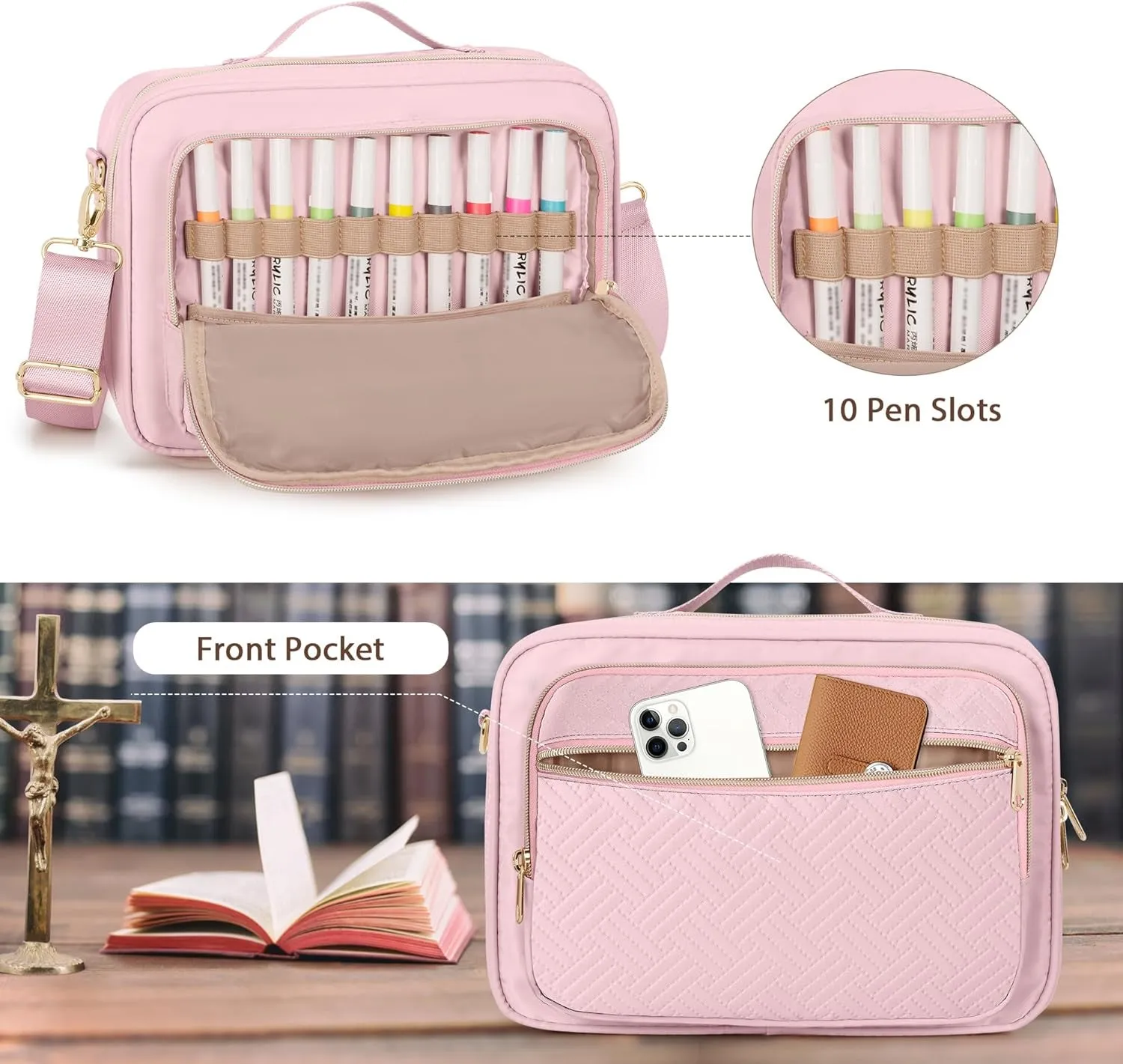 Bible Cover Case for Women, Large Bible Church Bag with Strap, Bible Carrying Case Book Protector with Handle, Pink (Empty Bag Only)