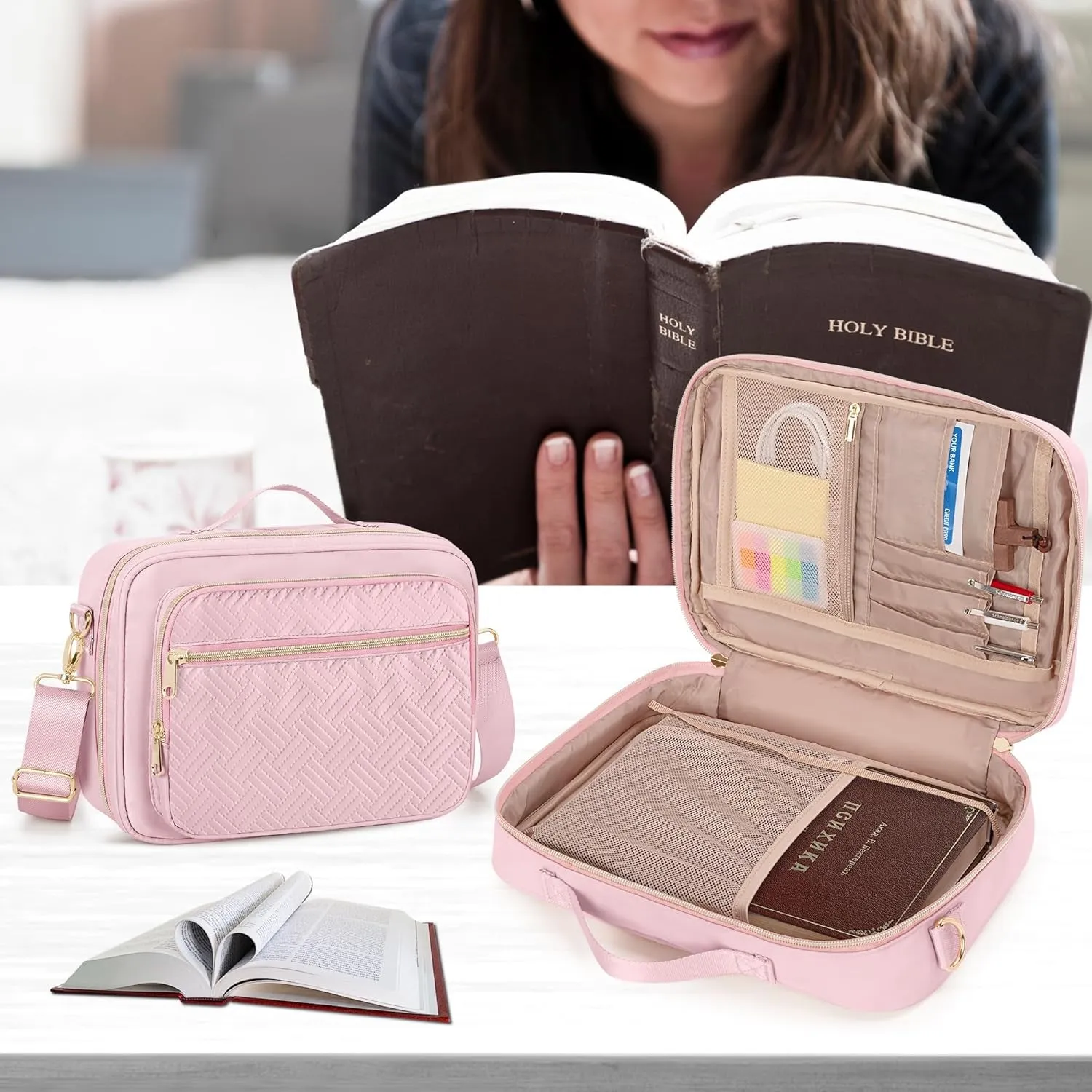 Bible Cover Case for Women, Large Bible Church Bag with Strap, Bible Carrying Case Book Protector with Handle, Pink (Empty Bag Only)