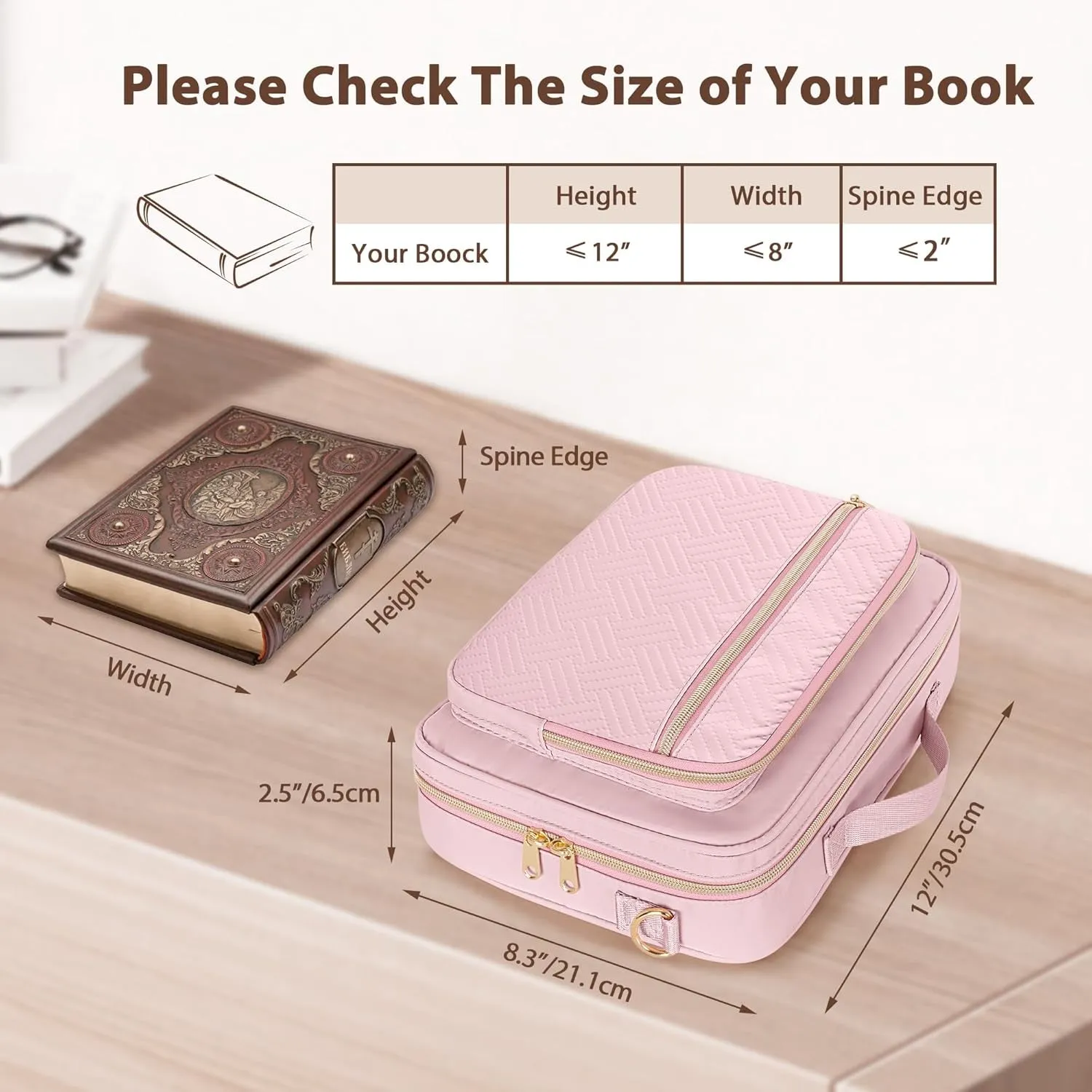 Bible Cover Case for Women, Large Bible Church Bag with Strap, Bible Carrying Case Book Protector with Handle, Pink (Empty Bag Only)
