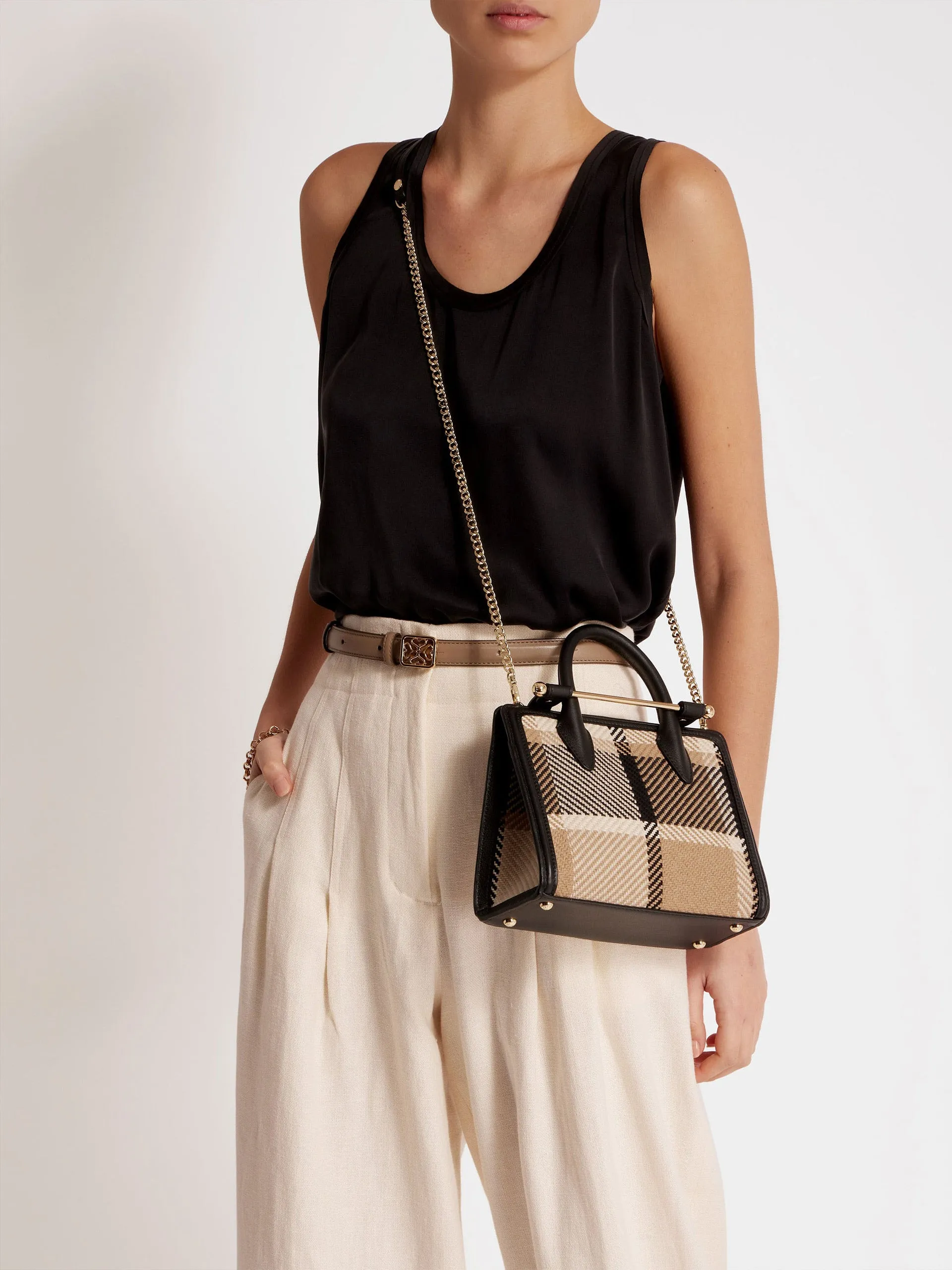 Black and camel tartan mini tote