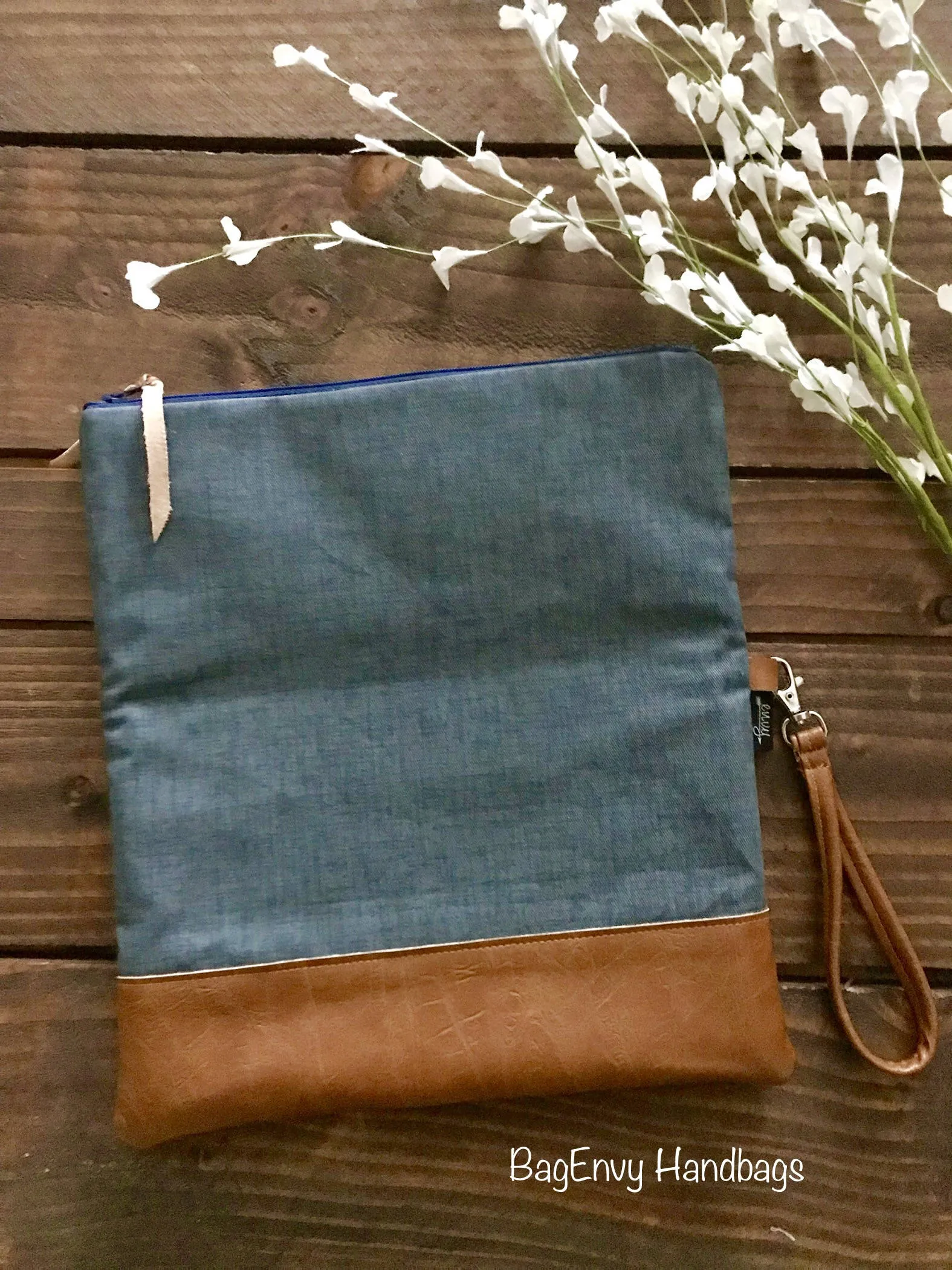 Fold Over Clutch -  Navy Shibori with Vegan Leather - Detachable Wristlet