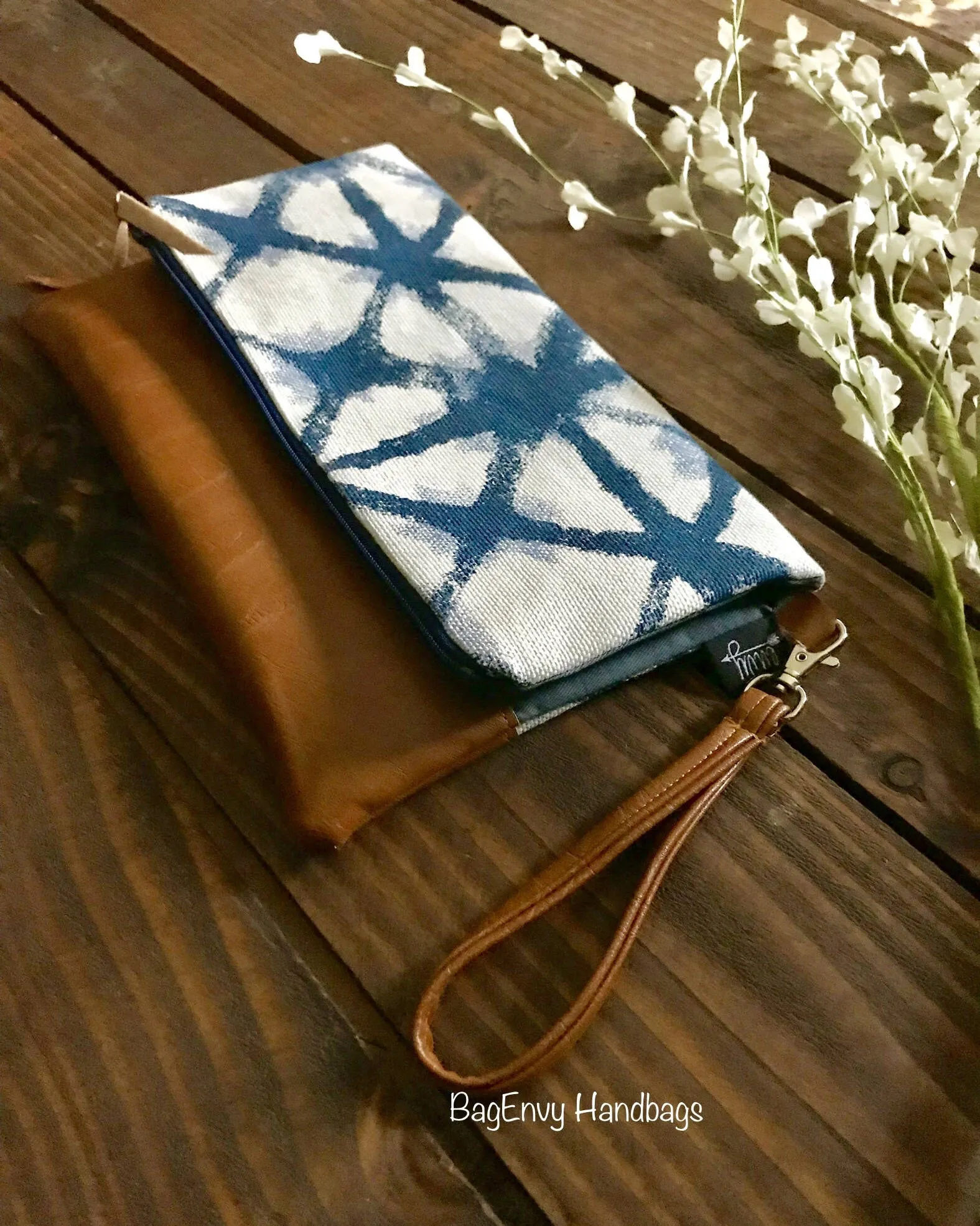 Fold Over Clutch -  Navy Shibori with Vegan Leather - Detachable Wristlet