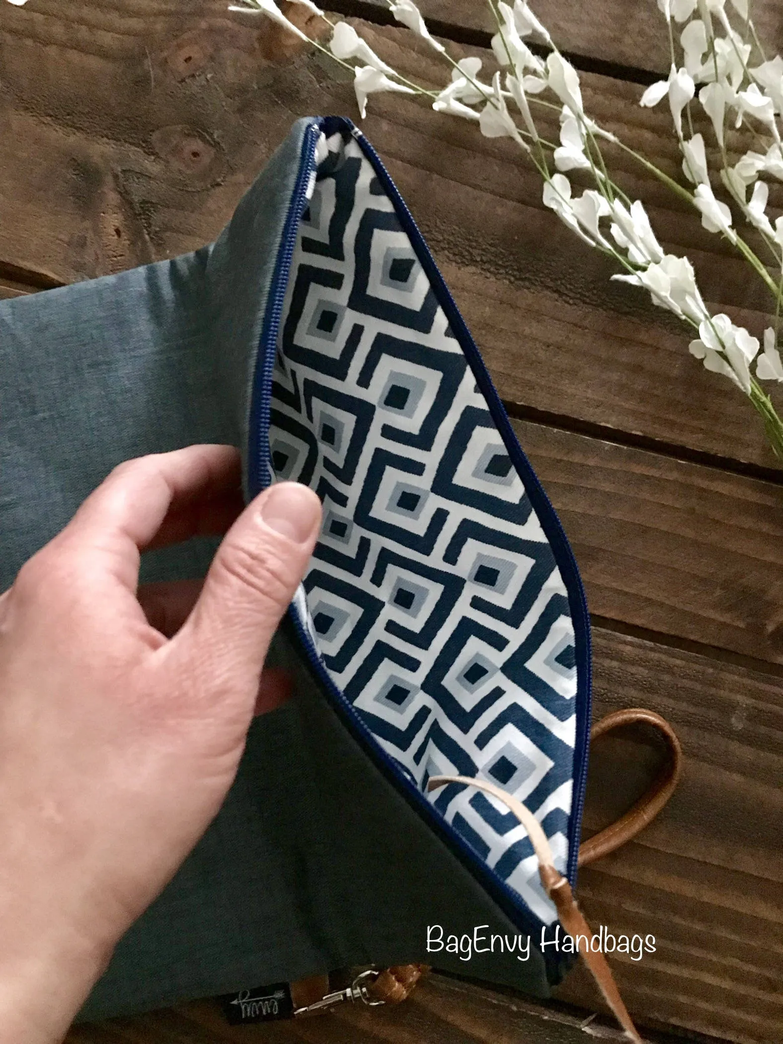 Fold Over Clutch -  Navy Shibori with Vegan Leather - Detachable Wristlet