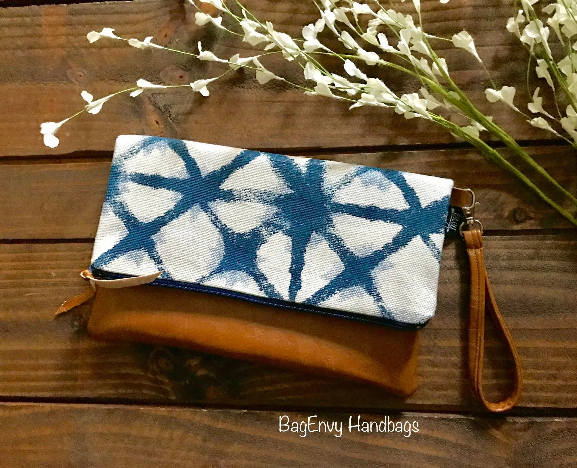 Fold Over Clutch -  Navy Shibori with Vegan Leather - Detachable Wristlet