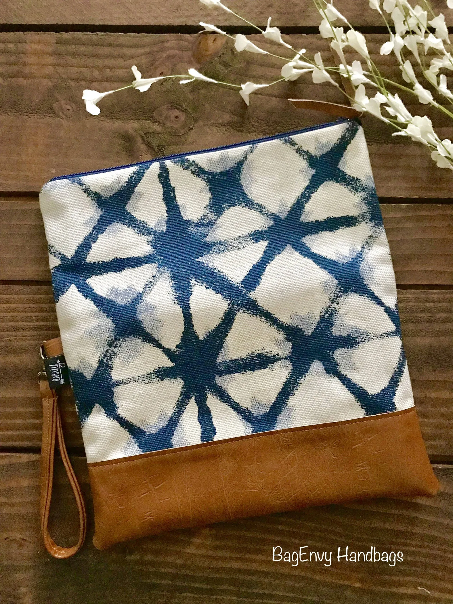 Fold Over Clutch -  Navy Shibori with Vegan Leather - Detachable Wristlet
