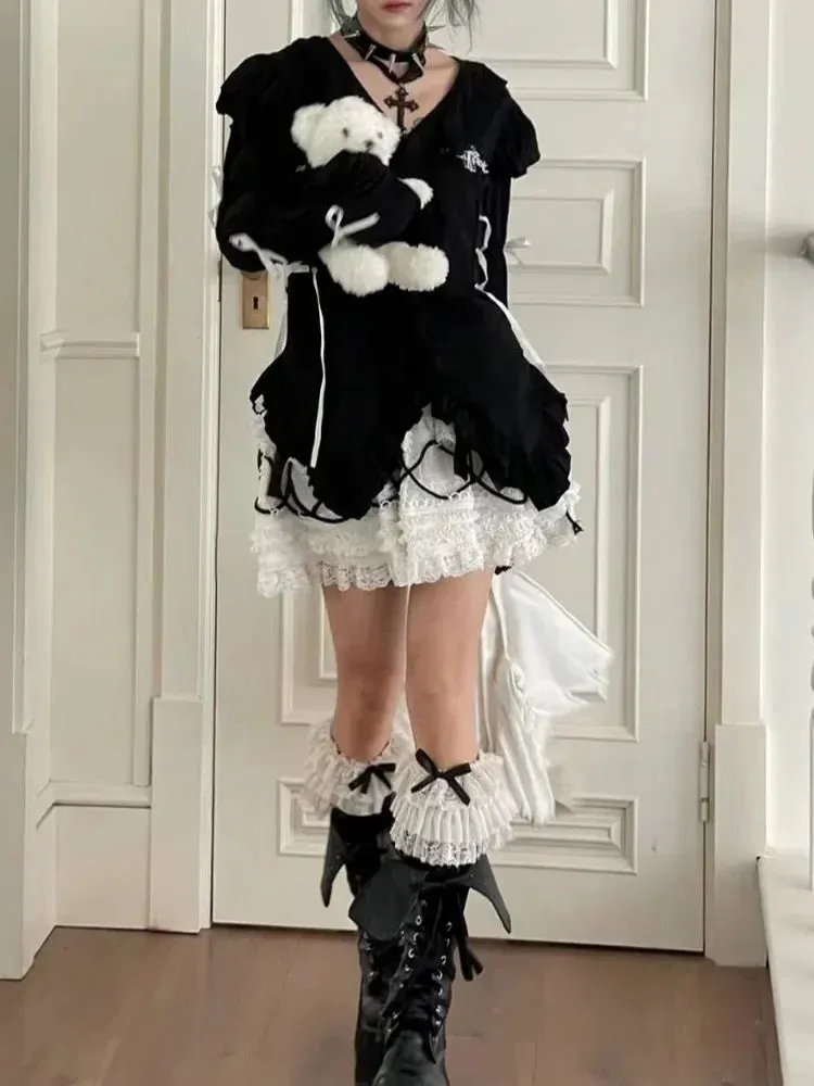 Kawaii Lolita Shirt Cute Girls Bandage School Student Print GrungeSpring Autumn Gothic Goth Y2k Harajuku Blouses
