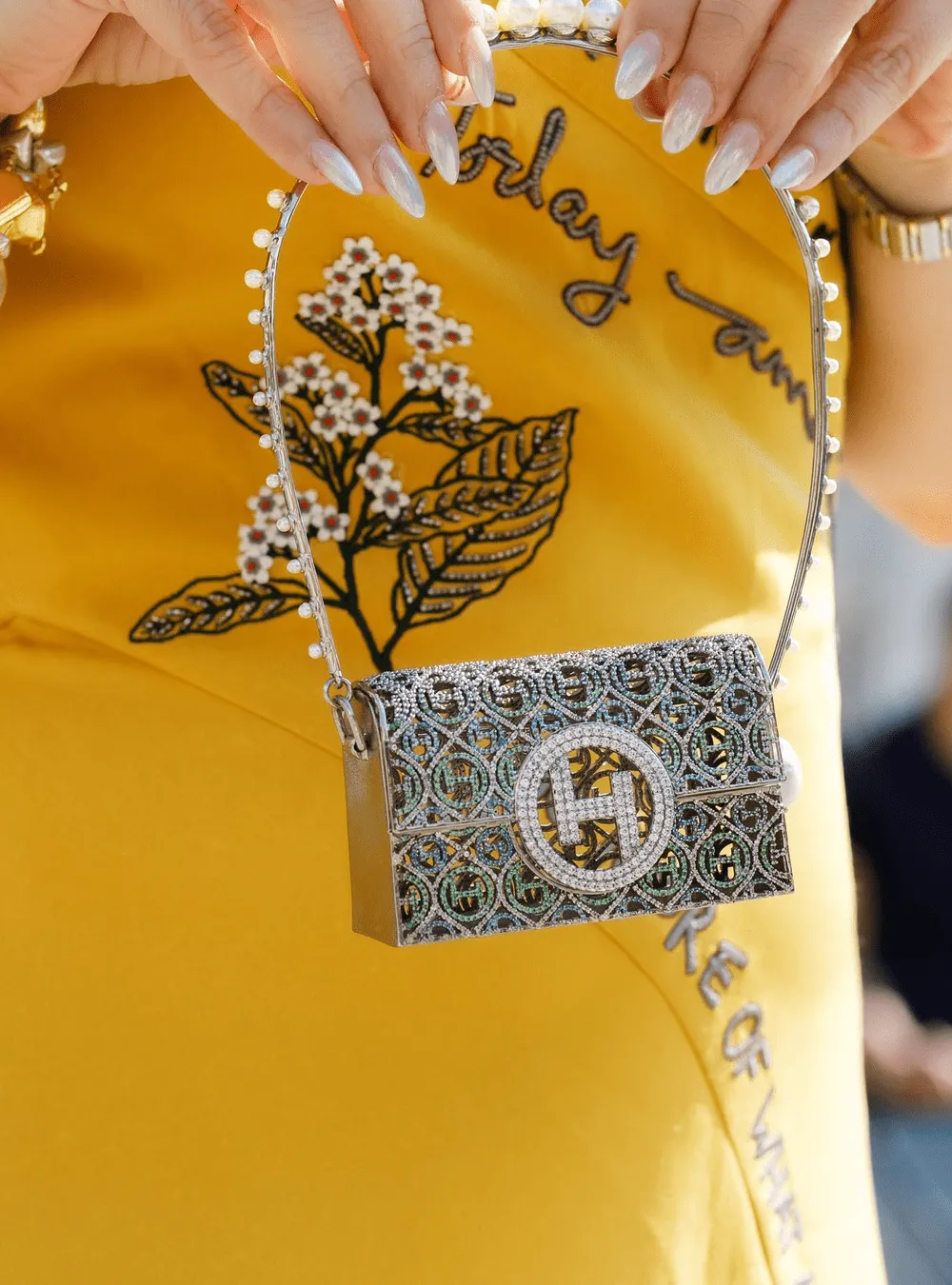 Khushnaz Ashdin Turner Wearing Pico Minaudiere Couture Bag