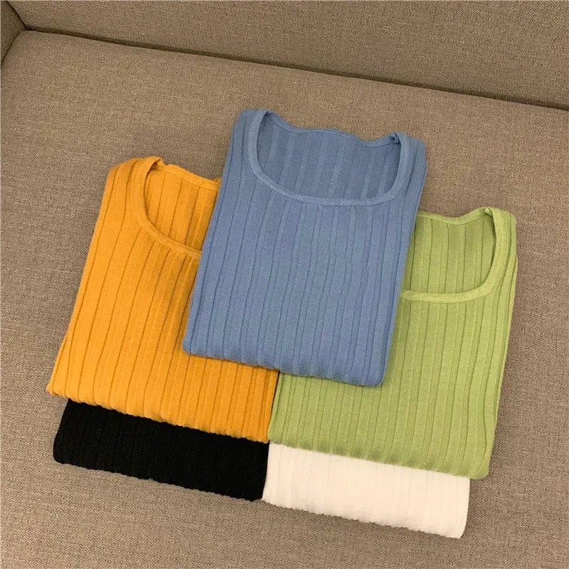 Soft Women Sweater Autumn Slim Long Sleeve Pullover Jumper Knitted Square Collar Korean Elastic Ladies Korean Basic Blouse