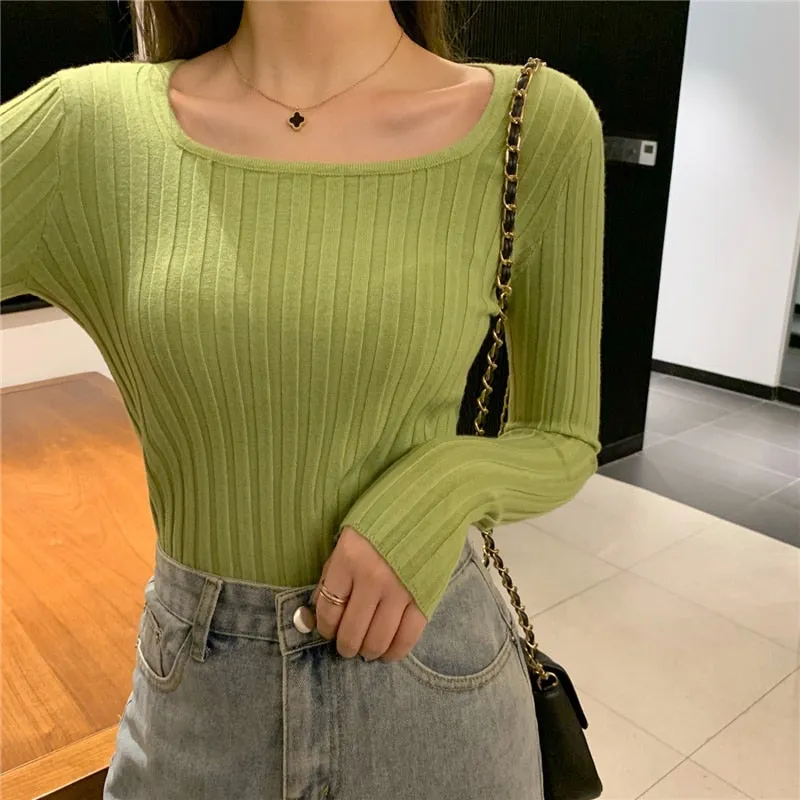 Soft Women Sweater Autumn Slim Long Sleeve Pullover Jumper Knitted Square Collar Korean Elastic Ladies Korean Basic Blouse