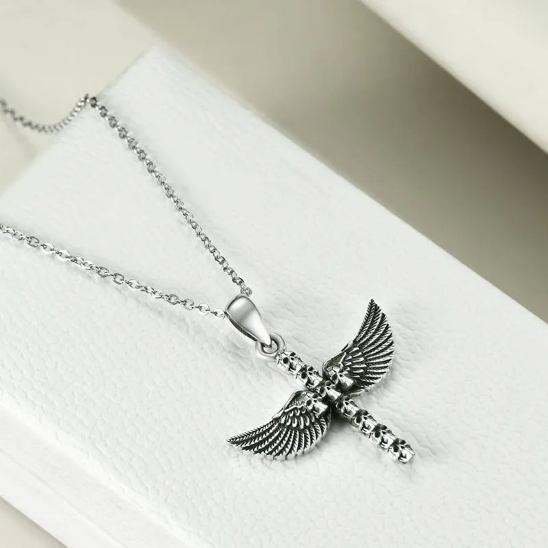 Sterling Silver Skull Angel Wing Pendant Necklace for Women and Men