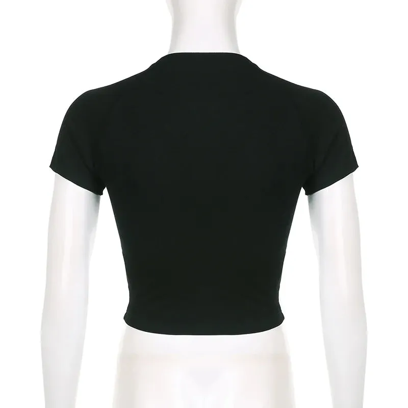 Streetwear Bikercore Letter Stripe Spliced Bodycon Crop Top Women Tee Shirt Casual Stitch Summer Tshirts Contrast