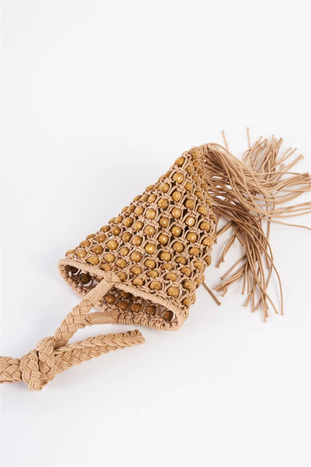 Taupe Net Cable Fringe Wooden Beads Braided Crossbody Bag /3 Bags